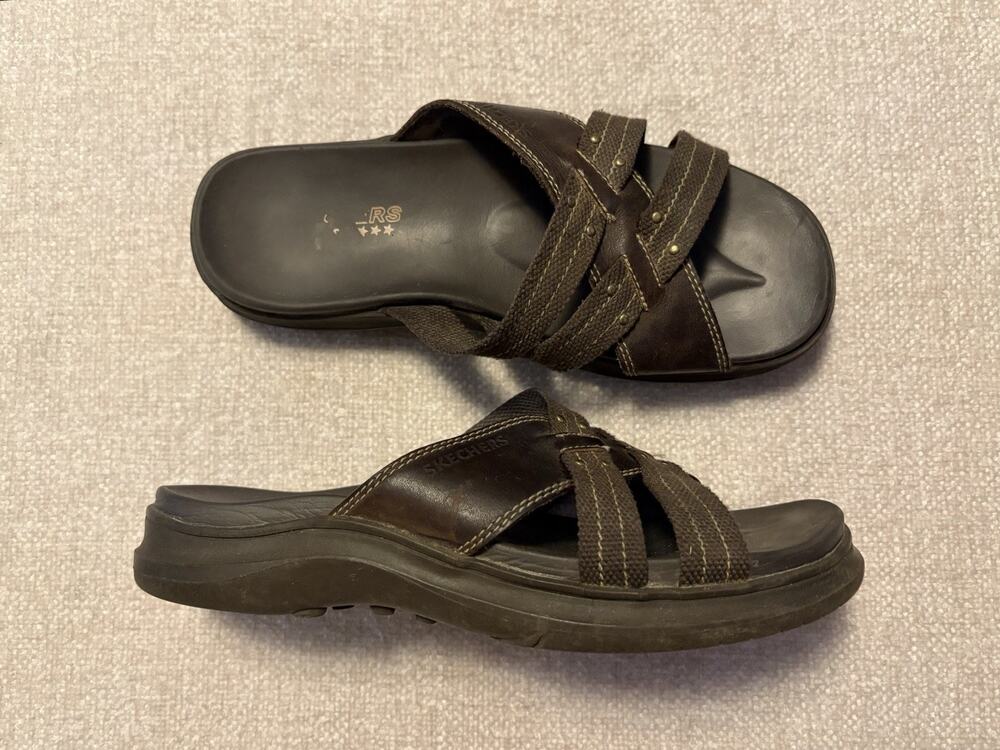 Skechers Y2K Chunky Sandals Women's Size 7 Leather Textile SN 45772 Brown Grunge